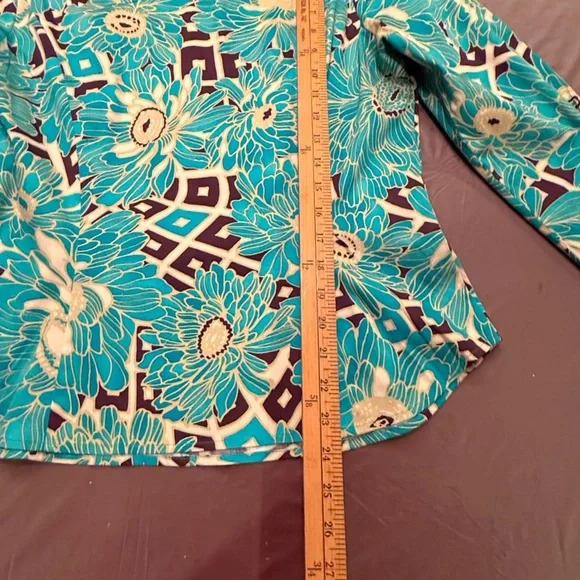 Etcetera by Carlisle Teal/White Floral Long sleeve Button Blouse Size 12/Large - Picture 8 of 13